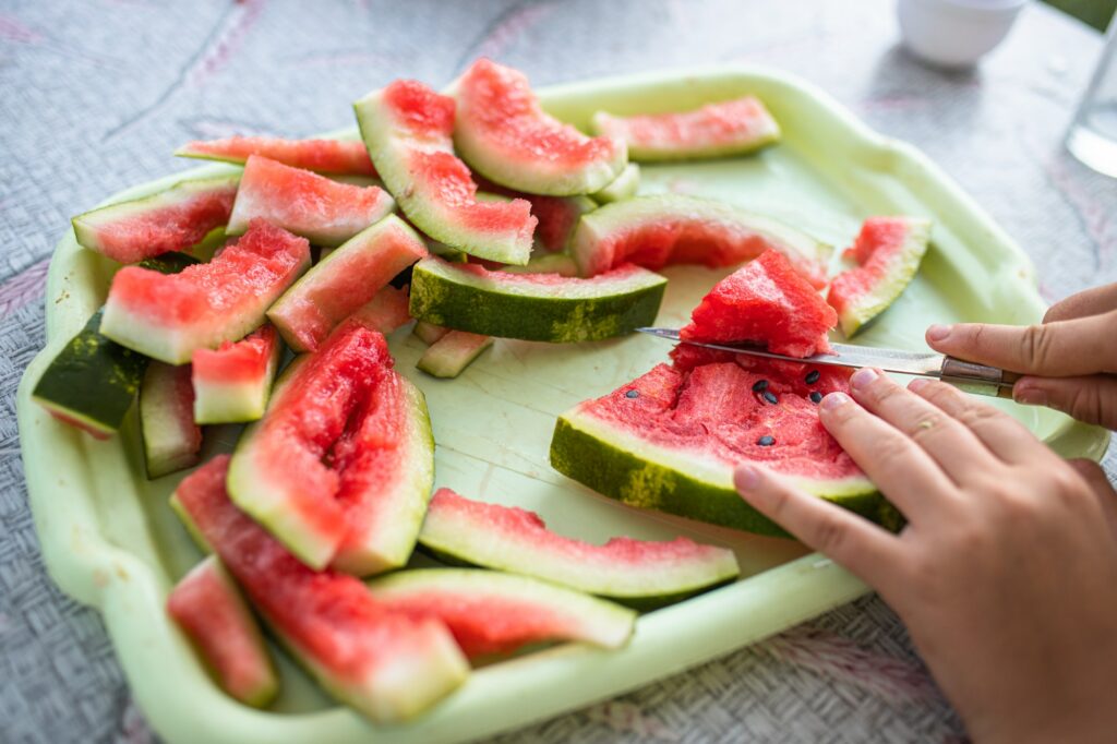 Skins from eaten watermelon on a tray. A lot of delicious watermelon after a picnic in nature