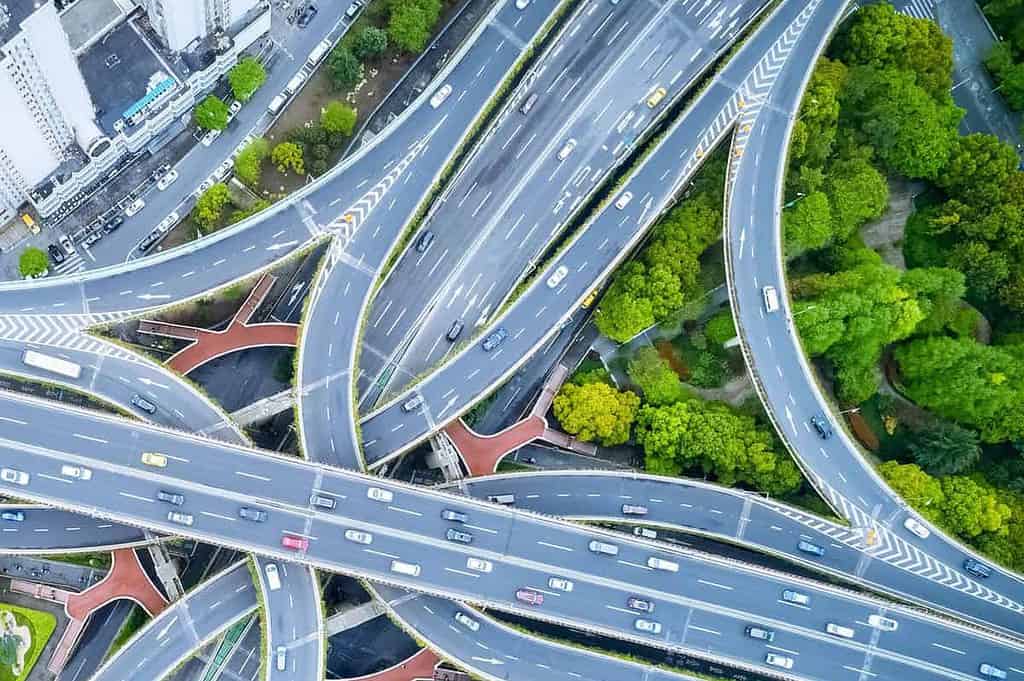 aerial view of city overpass, elevated road junction closeup in shanghai