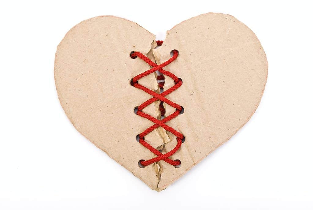Torn cardboard heart with red shoelace
